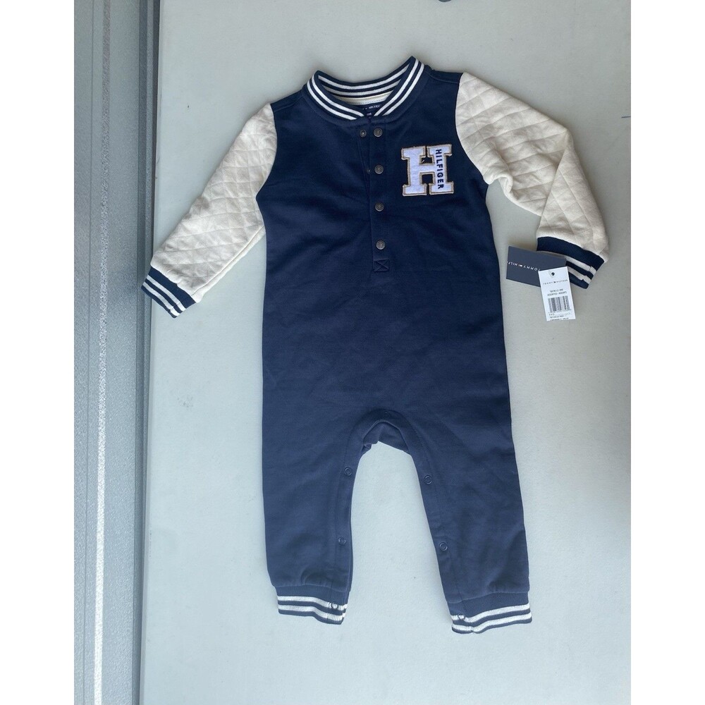 Tommy Hilfiger Baby Boys Blue Quilted Sleeve Varsity Romper One Piece NWT 18M